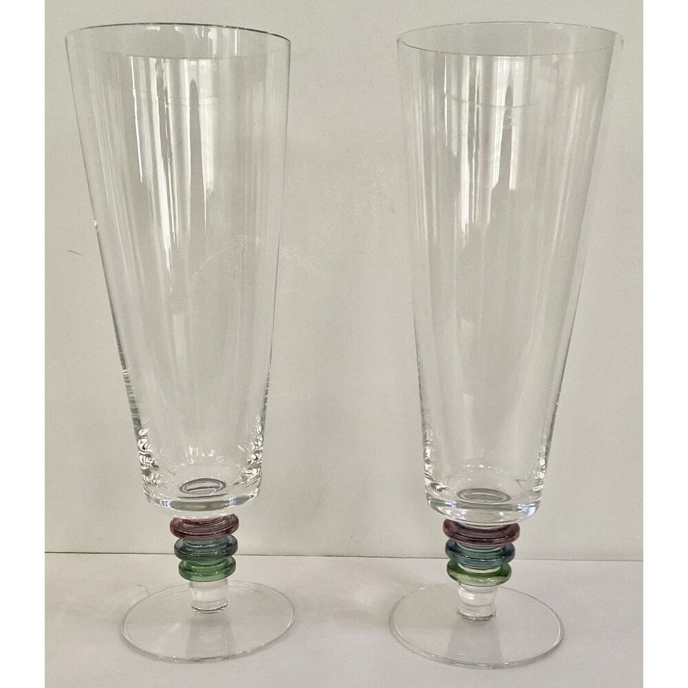 Vintage BLOCK Crystal Iced Tea Glasses Carnival Multi Colored Set Of 2